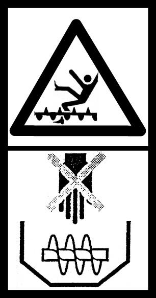 Znak informujący o zagrożeniu wciągnięcia oraz o sposobie uniknięcia zagrożenia poprzez nie sięganie do wnętrza piaskarki