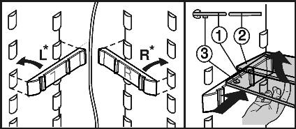 * u Półka szklana (1) ze stoperami musi być umieszczona z przodu w taki sposób, by stopery (3) były skierowane w dół. 5.4.6 Przenoszenie półek w drzwiach u Wyjąć półki zgodnie z ilustracją.