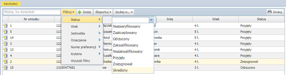 Opcja weryfikacji danych wybranego kandydata jest dostępna po kliknięciu przycisku w wierszu z danymi dziecka lub po wyborze filtra