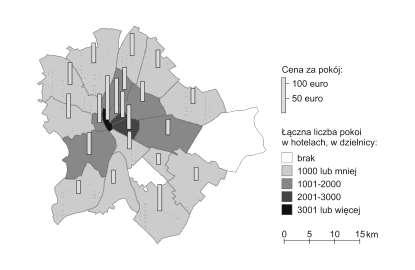 Rys. 6: Średnie ceny za najtańszy, dwuosobowy pokój w hotelach w Budapeszcie, z podziałem na dzielnice, jesienią 2013 r. w dzień roboczy. Źródło: Opracowanie własne na podstawie autorskich badań.