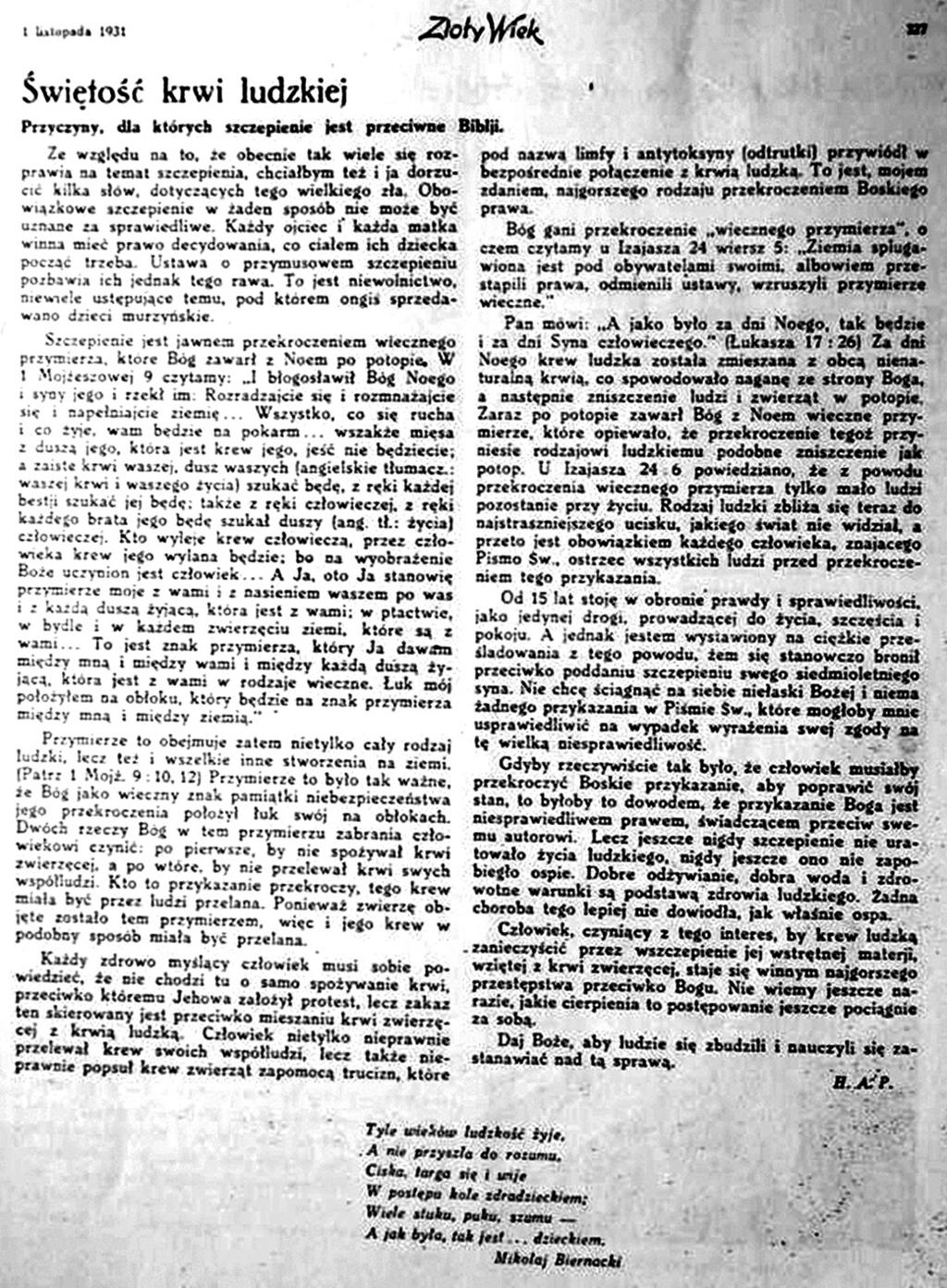 Szczepienia odrzucane i przeciwne Biblii Świętość krwi ludzkiej. Przyczyny, dla których szczepienie jest przeciwne Biblji.