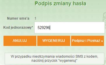 Zmiana hasła będzie domyślnie autoryzowana kodem SMS. Zostanie wyświetlona formatka podpisu zmiany hasła.