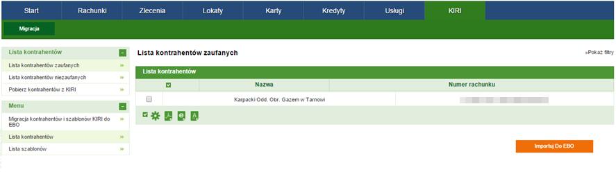 Po wybraniu w głównym oknie opcji 1. Kontrahenci zaufani zostanie wyświetlona lista kontrahentów z KIRI, którzy mogą być zaimportowani.