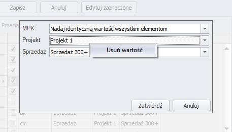 Na poniższym obrazku widoczny jest proces usuwania wartości wymiaru Projekt dla wcześniej zaznaczonej grupy użytkowników: Wartości domyślne wymiarów