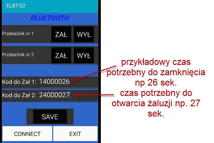 Przykładowe ustawienie aplikacji do zamykania i otwierania żaluzji. Aby zamknąć lub otworzyć żaluzje powinniśmy ustalić czas potrzebny do tych czynności.