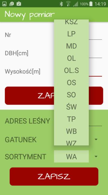 Pomiar drzewa stojącego Pomiar drzewa leżącego Aby podczas pomiarów zmienić gatunek lub sortyment należy rozwinąć listę za pomocą symbolu oznaczonego