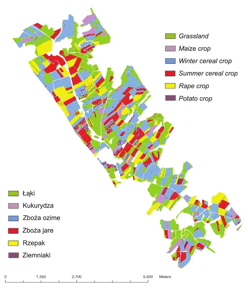 Wynik klasyfikacji upraw rolnych na podstawie obrazów hiperspektralnych HyMAP (źródło: Mader i inni, 2006, zmodyfikowane) Fig. 40.