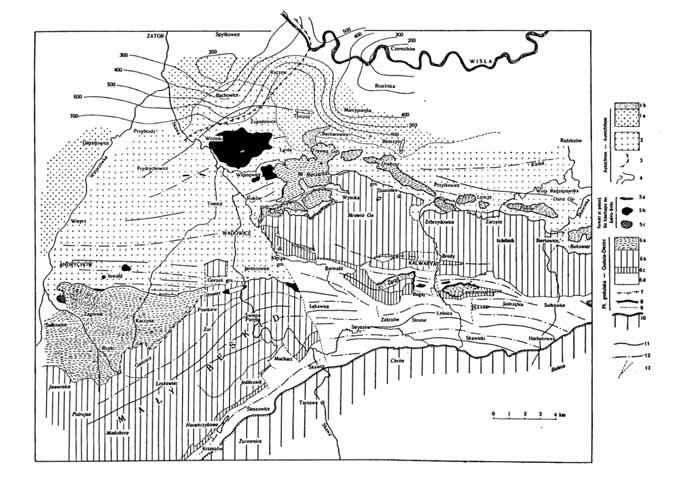 Ryc. 4. Mapa tektoniczna rejonu Wadowic (ark. W -ce) z pracy habilitacyjnej (PTG) Religijnych i Oświecenia Publicznego zatwierdził habilitację.