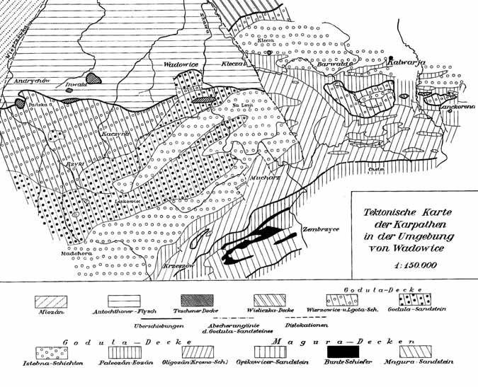 Ryc. 2. Mapa geologiczna rejonu Wadowic (Biul.