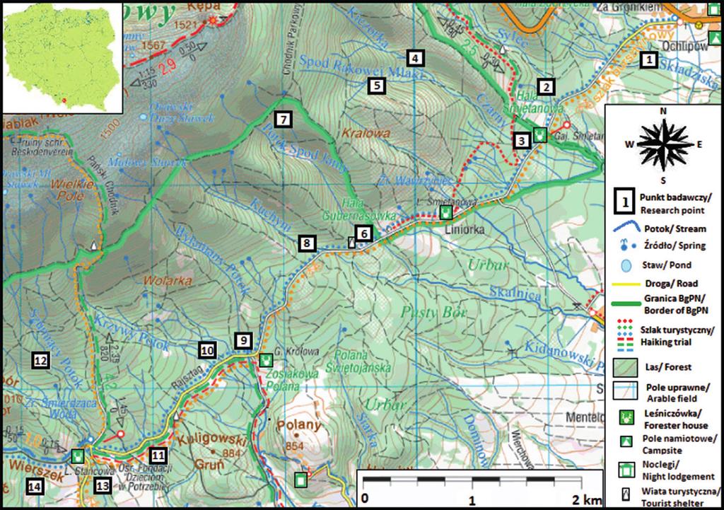 Rys. 1. Lokalizacja stanowisk badawczych w BgPN i jego otulinie: 1 Składziska (800 m n.p.m.), 2 Sylec (820 m n.p.m.), 3 Czarny (820 m n.p.m.), 4 Kiczorka (1000 m n.p.m.), 5 Spod Rakowej Młaki (1100 m n.
