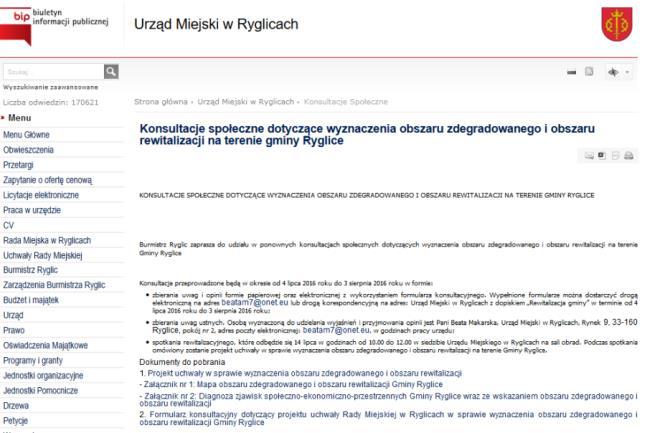 Rysunek 36. Ogłoszenia dot. konsultacji umieszczone w BIP i na stronie internetowej Urzędu Miejskiego w Ryglicach Źródło: www.ryglice.