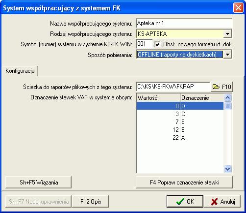 6. Wiązanie KS-AOW -> KS-FKW snąć F4 Popraw, natomiast aby zdefiniować nowy system współpracujący należy wcisnąć F2 Dodaj Aby sprawdzić Oznaczenie stawek VAT w systemie obcym - należy uruchomić Ap41