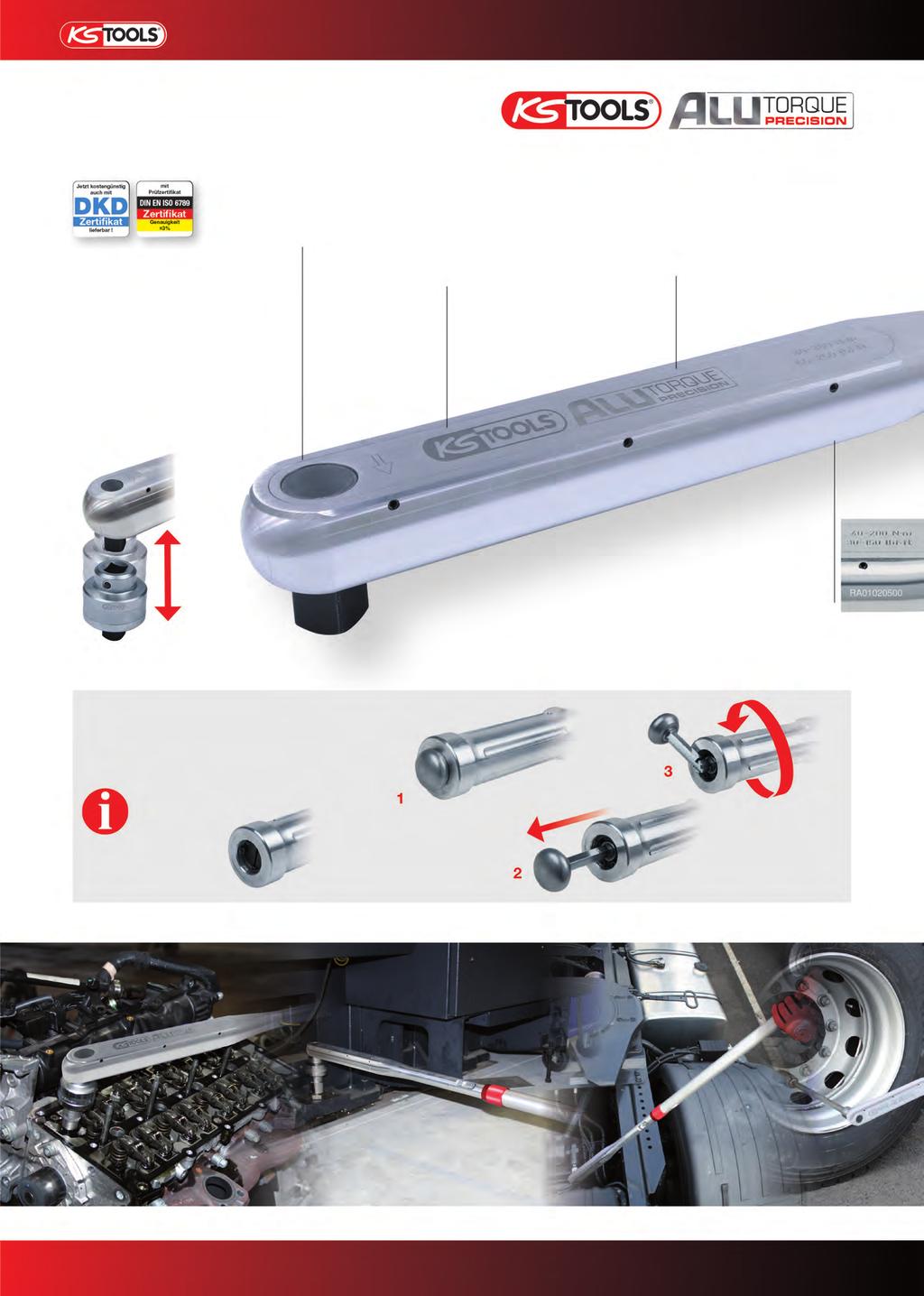 ALUTORQUEprecision Klucze dynamometryczne ze stopu aluminiowego o dużej wytrzymałości Głowica grzechotkowa: W głowicy wbudowany jest mocny mechanizm opcjonalnie z nakrętką czterokątną dla