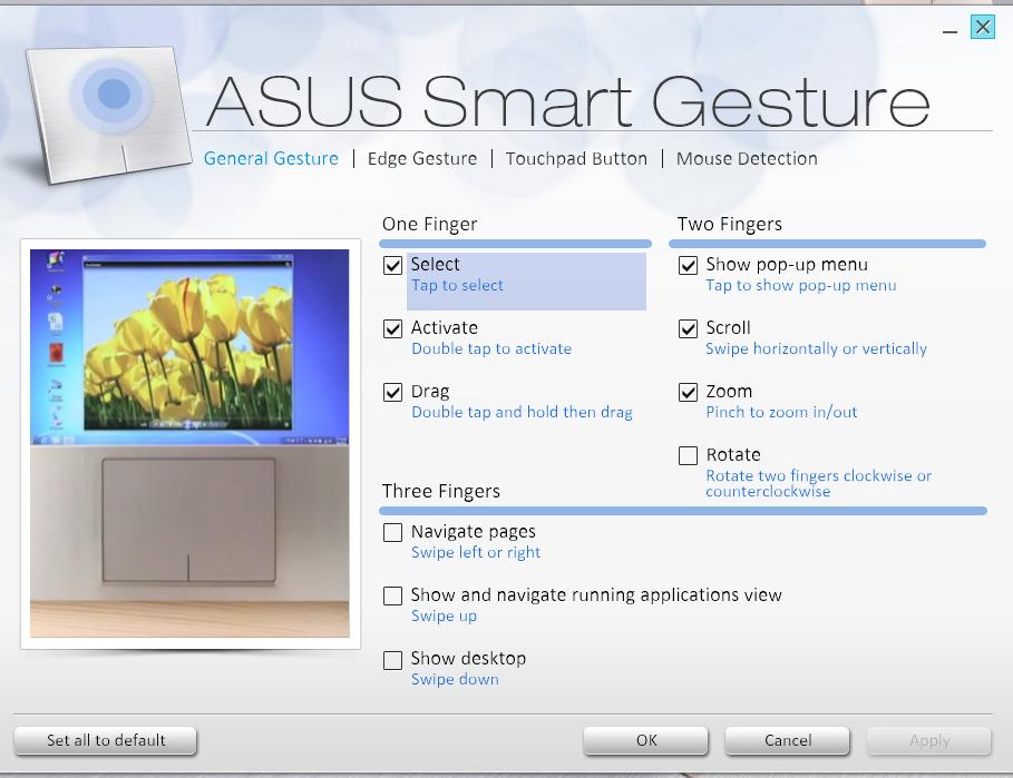 3. W oknie aplikacji Inteligentne gesty ASUS zaznacz pole wyboru Rotate (Obracanie)oraz pozycje w obszarze Three fingers (Trzy palce). 4.