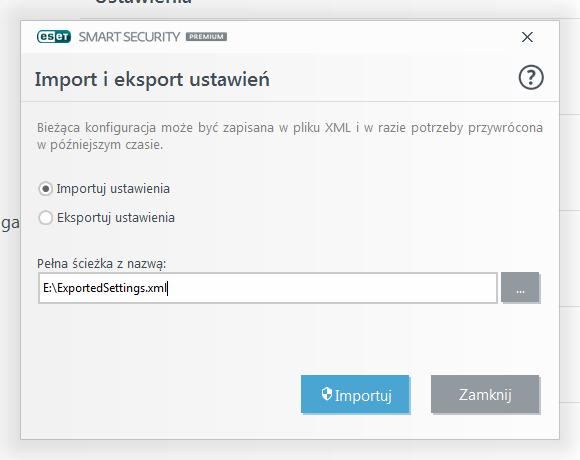 5.4 Import i eksport ustawień Dostosowany plik konfiguracyjny XML programu ESET Smart Security Premium można importować i eksportować za pośrednictwem menu Ustawienia.