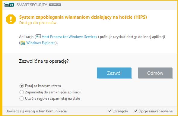 4.1.4.2 Okno interaktywne systemu HIPS Jeśli czynnością domyślną ustawioną dla danej reguły jest Pytaj, po każdym uruchomieniu danej reguły wyświetlane jest okno dialogowe.
