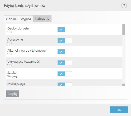 Zawartość dolnej części okna Dodaj wyjątek dla witryny internetowej... w przypadku każdego konta rodzica można oddzielnie zezwalać na daną witrynę i blokować ją.