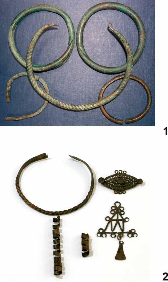 Fig. 8. Bronze hoards of the Iron Age: 1 A collection of ornaments from Wożuczyn, dist. Tomaszów. Photo by M. S. Przybyła. 2 A collection of ornaments and a fitting set from Wakijów, dist. Tomaszów. Photo by P.