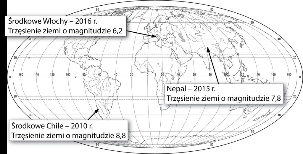 Oznaczenie na mapie 1. 2. 3. 4. 5. 6. Nazwa płyty litosfery Zadanie 13. (0 3) Co jakiś czas media donoszą o trzęsieniach ziemi w różnych rejonach świata.