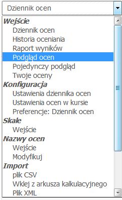 3. Opcje dziennika Aby ustawić sposób wyświetlania ocen w kursie należy w Dzienniku ocen wybrać opcję Ustawienia ocen w kursie.