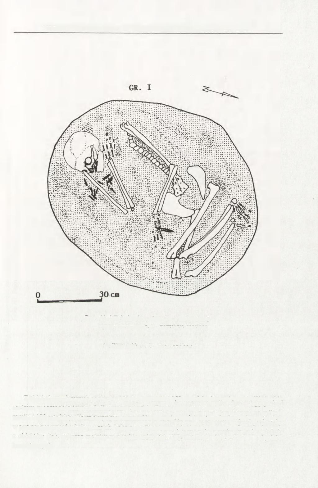 NEOLITYCZNE MATERIAŁY Z WIELOKULTUROWEGO STANOWISKA 27(1)... 51 Ryc. 11. Michałowice, stan. 27. Plan grobu I. 1 - wyroby krzemienne, 2 - narzędzie kościane Fig. 11. Plan of burial I.