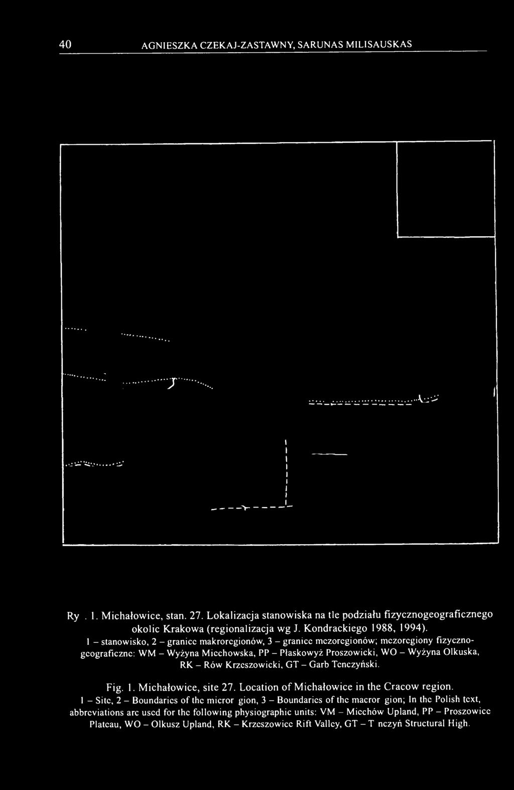 1 - stanowisko, 2 - granice makroregionów, 3 - granice mezoregionów; mezoregiony fizycznogeograficzne: WM - Wyżyna Miechowska, PP - Płaskowyż Proszowicki, WO - Wyżyna Olkuska, RK - Rów