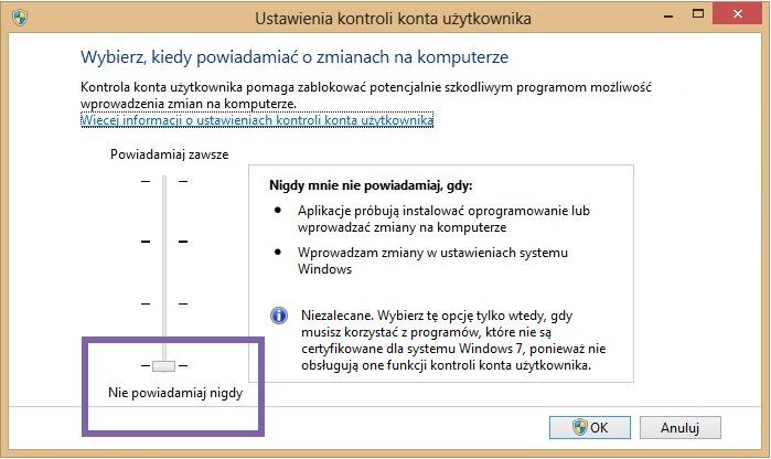 5 - zmiana ustawień funkcji Kontrola konta użytkownika w systemie Windows 7 i 8 Otworzy się nowe okno Ustawienia kontroli konta