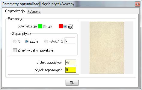 wymiary wykorzystanych płytek (z podziałem na całe oraz przycięte), jednostki, w których płytki są sprzedawane oraz ceny netto i brutto, waga płytek użytych w projekcie i ilość opakowań, podsumowanie