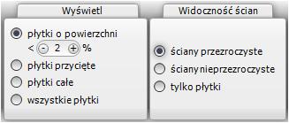 Powyższe opcje wyróżniania płytek działają na zasadzie zestawienia z kilkoma opcjami wyświetlania ścian (ściany przezroczyste, pełne lub tylko płytki), można wtedy otrzymywać obszary o różnych
