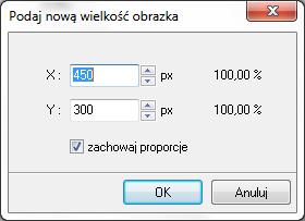 - Skaluje obrazek do podanych wymiarów (Ctrl + S) - pozwala dowolnie zmienić wymiary podglądu pliku.