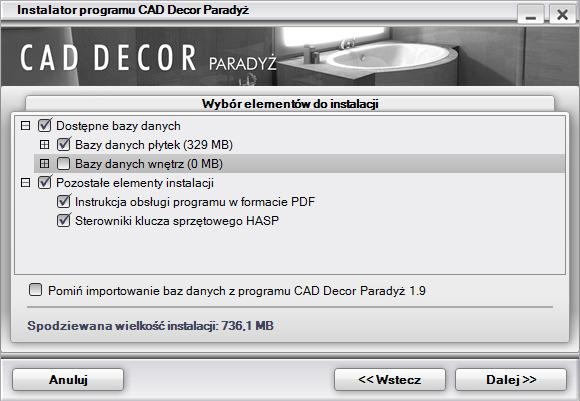 instalacyjnej (Rys. 17). Wymagana ilość wolnego miejsca na dysku to około 2 GB. Pierwszym etapem instalacji programu jest wybór baz danych, z wykorzystaniem których powstawać będą projekty.