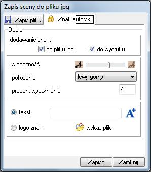 339); po ustaleniu ustawień znaku autorskiego i rozdzielczości, należy kliknąć przycisk Zapisz ; można również zrezygnować z dodania znaku autorskiego, i pozostając - w zakładce Zapis pliku - kliknąć