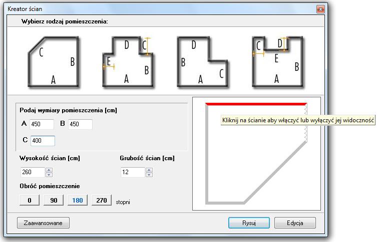 Instrukcja obsługi programu CAD Decor Paradyż 2.1 2. Funkcja Kreator ścian W momencie rozpoczęcia pracy z nowym projektem uruchamia się okno Kreatora ścian (Rys. 83).