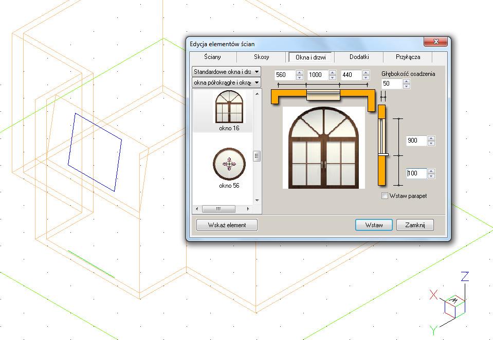 Instrukcja obsługi programu CAD Decor Paradyż 2.1 Jeśli w skosie ma być osadzone okno, to podczas określania parametrów skosu trzeba zaznaczyć opcję Dostosuj ścianę.