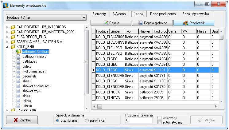 Rys. 150 - cennik wybranego producenta 2. Edycja elementów wyceny Ceny elementów w bazie można dowolnie zmieniać.