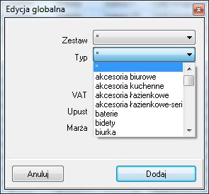 Zmiana danych dla pojedynczego elementu cennika (edycja indywidualna) polega na zaznaczeniu go, kliknięciu na przycisk Edycja, zaktualizowaniu ceny, VAT-u, upustu lub marży, i zatwierdzeniu zmian