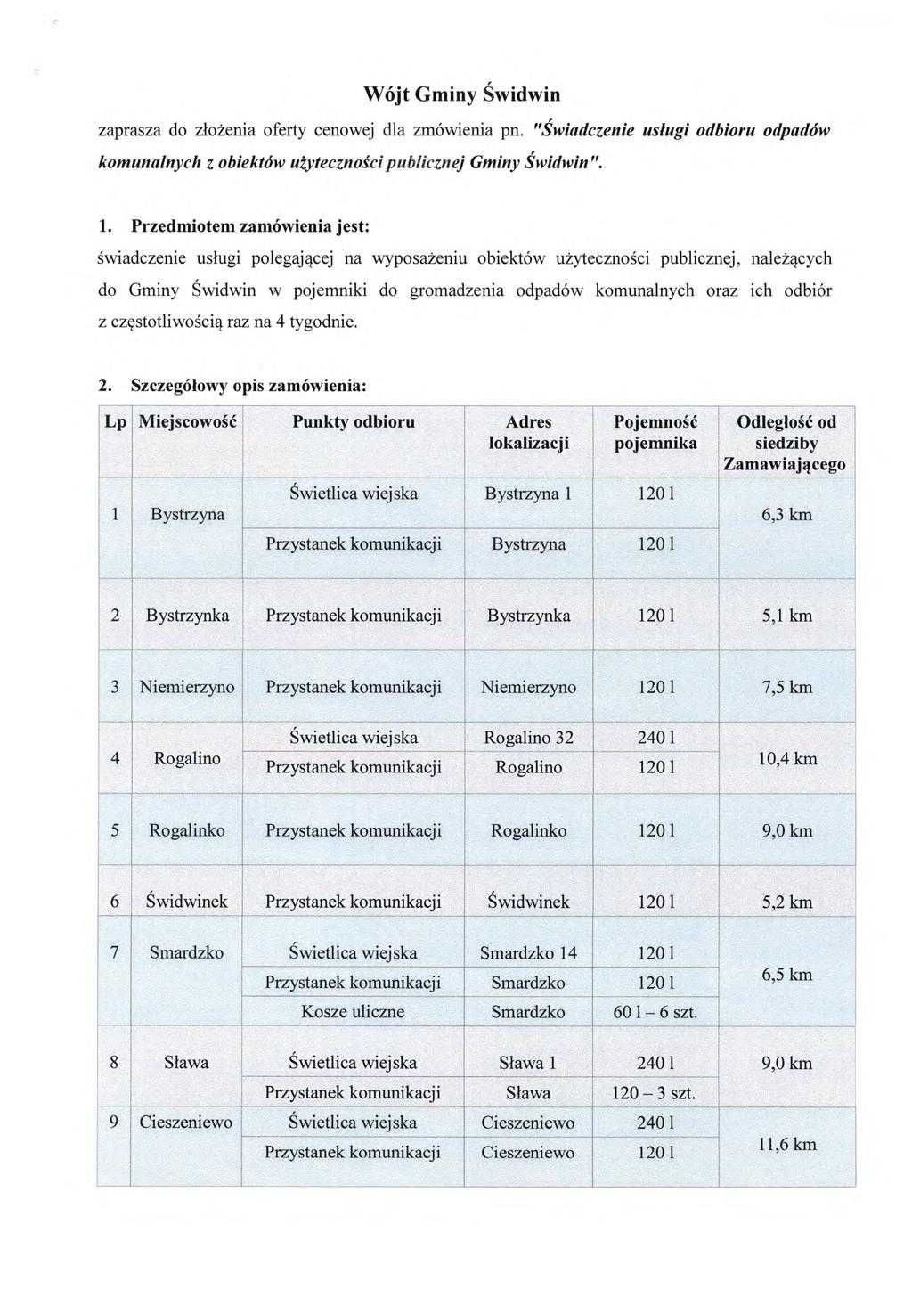 Wójt Gminy Świdwin zaprasza do z łożenia oferty cenowej dla zmówienia pn. Świadczenie us ługi odbioru odpadów komunalnych z obiektów u żyteczno ści publicznej Gminy Świdwin. 1.