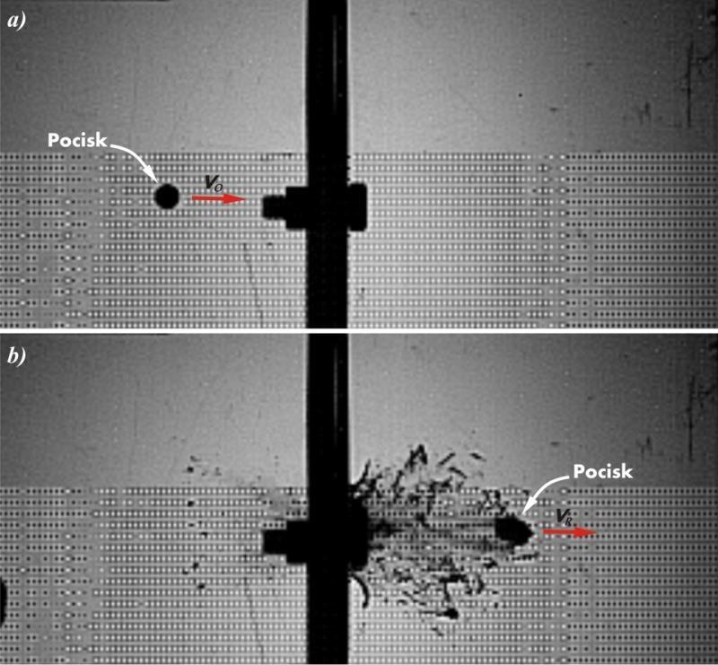 Rys.2. Obszar obserwacji kamery szybkiej: widok przed uderzeniem (a) i po przebiciu (b) próbki pancerza 2.2. Wyniki badań Płyty kontrolne wytwarzano jako kompozyty aramidowo-epoksydowe, w których 7 warstw tkanin aramidowej sklejano kompozycją klejową Epidian 57/Z1.