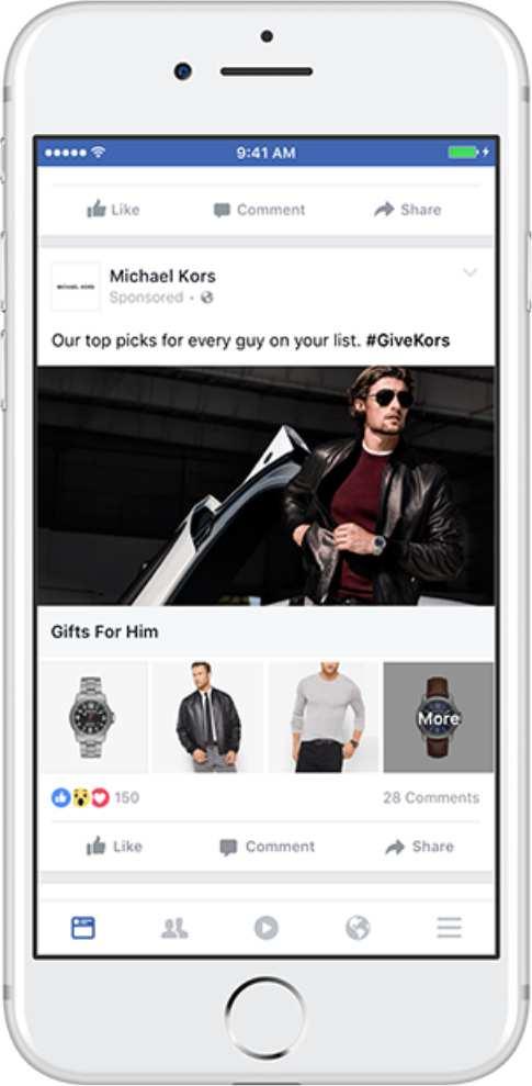 Ruch: Kolekcja Reklama w formie kolekcji na Facebooku służy firmom do zwiększania liczby zakupów na urządzeniach mobilnych w bardziej wizualny i atrakcyjny sposób.