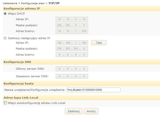 Konfiguracja Konfiguracja sieci TCP/IP(DHCP, Statyczne IP, Ustawienia DNS) Aby zmienić ustawienia TCP/IP, przejść do Ustawienia (Setup) > Konfiguracja podstawowa (Basic Configuration) > TCP/IP.