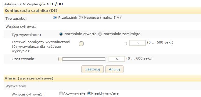 Konfiguracja Urządzenia peryferyjne DI/DO Aby skonfigurować cyfrowy sygnał wejściowy/wyjściowy w celu zarządzania zewnętrznymi urządzeniami, takimi jak czujniki czy alarmy, przejść do Ustawienia >