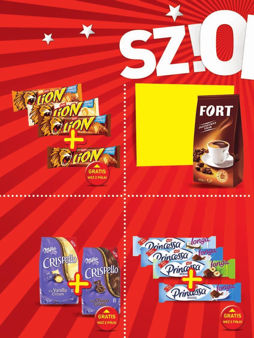 oferta ważna od CZWARTKU 28.08. do ŚRODY 3.09. 3 kup za 3,57 zł czwarty 2 zł rabat naliczany przy kasie BATON lion 40-42 g od 2,83 do 2,98 zł / 100 g przy zakupie 1,19 zł / przy zakupie 4 szt.