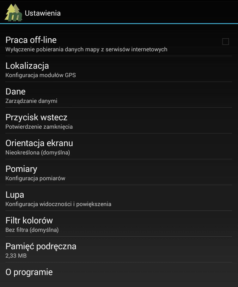 4.3. Ustawienia aplikacji 4.3.1. Praca off-line Po wybraniu opcji Praca off-line zostanie wyłączone pobieranie danych z mapowych serwisów internetowych.
