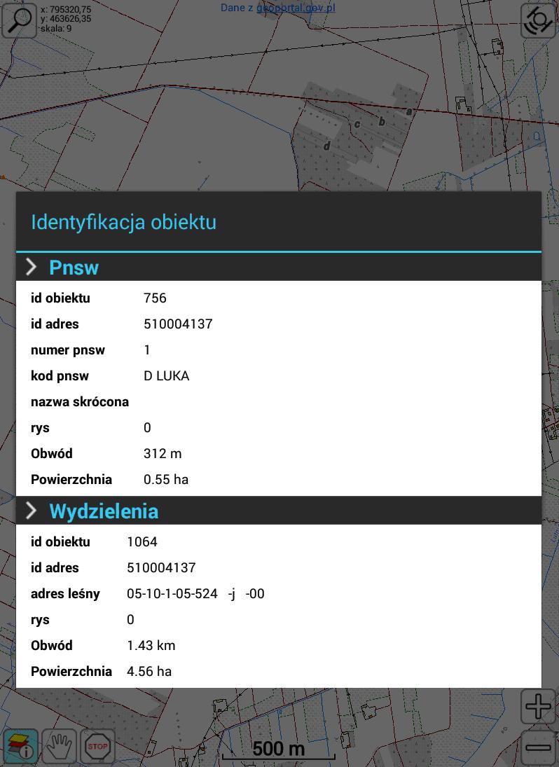 4.7.8. Identyfikacja obiektu Po wybraniu opcji Identyfikacja obiektu pojawiają się informacje dotyczące wskazanych obiektów geometrycznych.