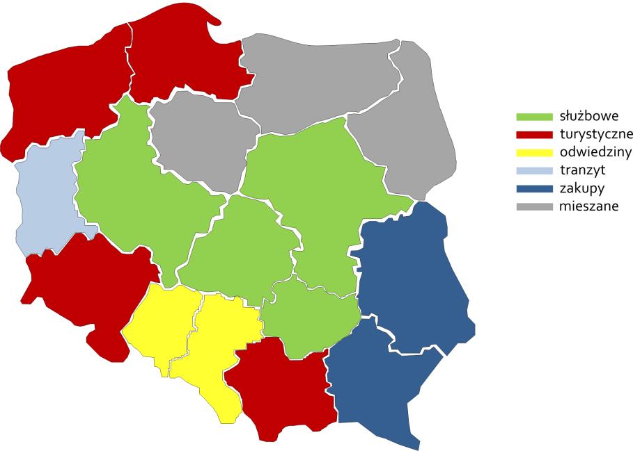 Rysunek 1. Przyjazdy turystów zagranicznych do Polski według głównych celów pobytu w odwiedzanych województwach w 2009 (lewa) oraz 2010 roku (prawa) Źródło: W. Bartoszewicz, T.