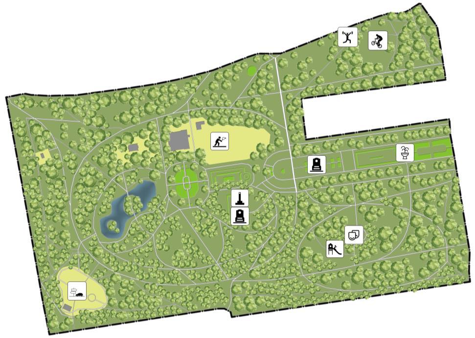 Projekt zagospodarowania parku zakładał stworzenie otwartych przestrzeni z szerokimi alejami do jazdy powozami oraz z miejscami do spacerowania.