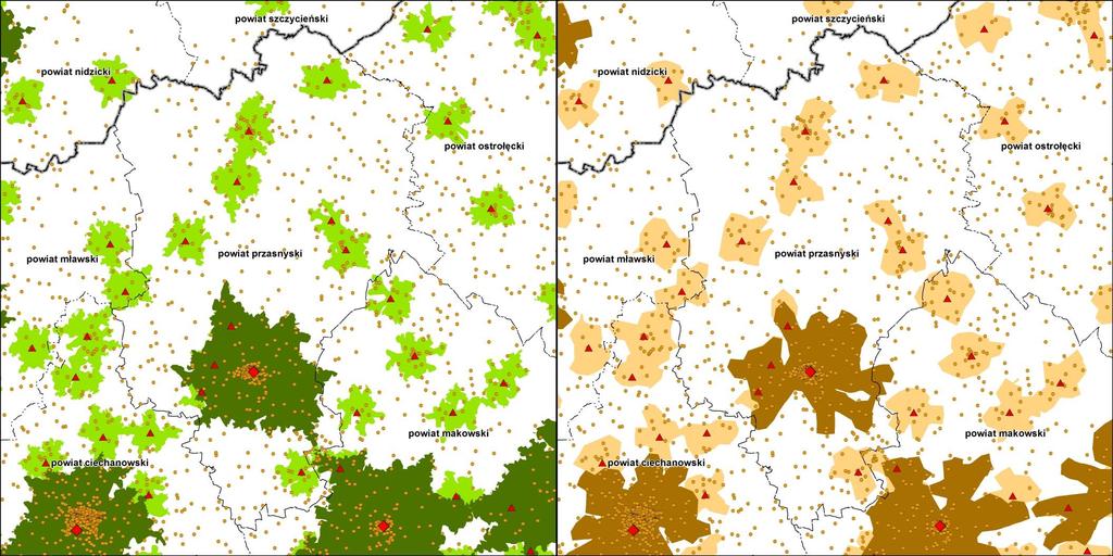 Porównanie wyników generowania obszarów dojazdów przy użyciu