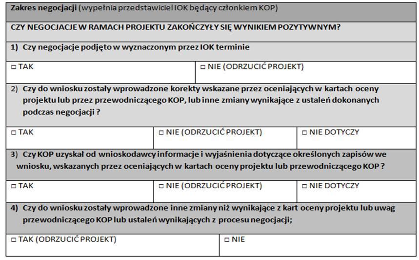 Ocena kryterium w zakresie spełnienia warunków postawionych przez KOP lub