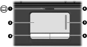 1 Korzystanie z urządzeń wskazujących Element Opis (1) Wskaźnik płytki dotykowej TouchPad Biały: płytka dotykowa TouchPad jest włączona. Bursztynowy: płytka dotykowa TouchPad jest wyłączona.