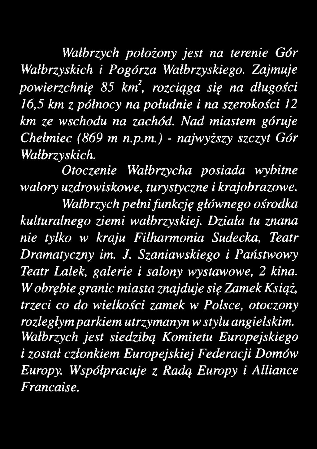 Wałbrzych pełni funkcję głównego ośrodka kulturalnego ziemi wałbrzyskiej. Działa tu znana nie tylko w kraju Filharmonia Sudecka, Teatr Dramatyczny im.